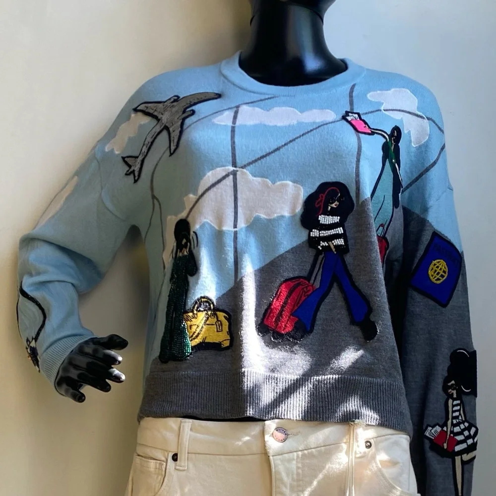 Alice + Olivia Sky Blue and Gray Travel Patch Crewneck Sweater - Picture 1 of 10